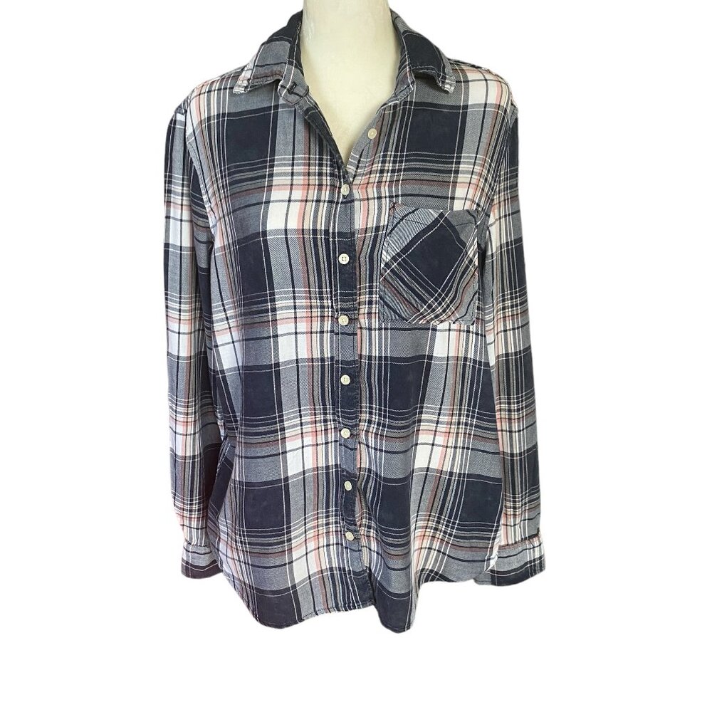 Aeropostale women's M black pink and white long sleeve collared plaid shirt